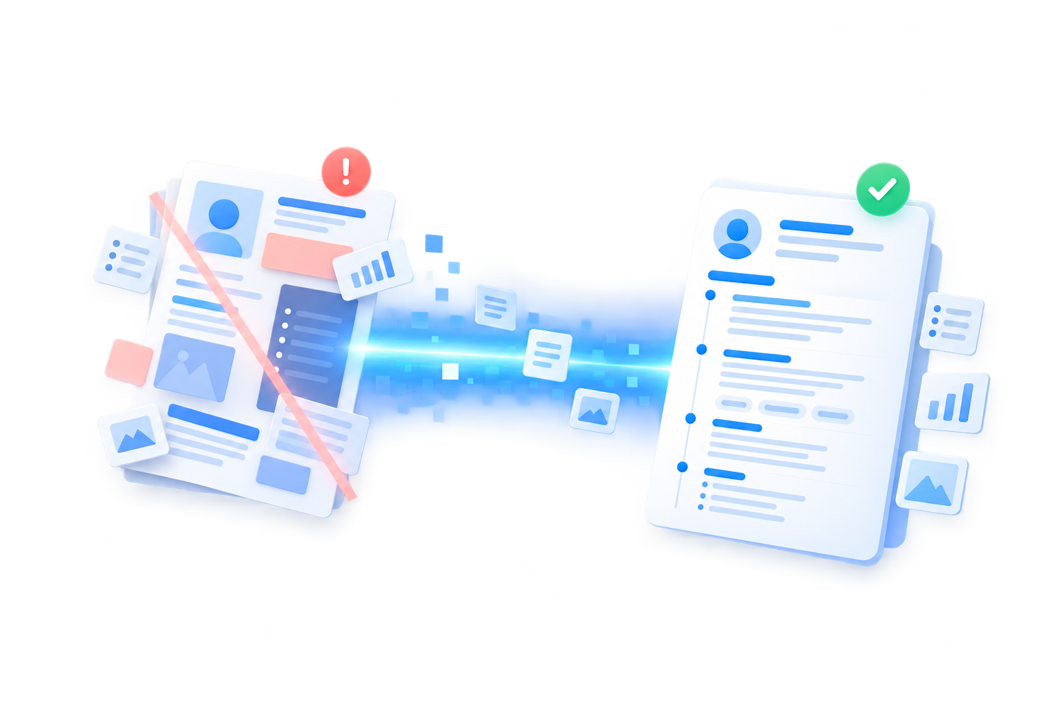 Illustration d’un CV graphique difficile à lire et d’un CV clair dont les informations restent faciles à retrouver